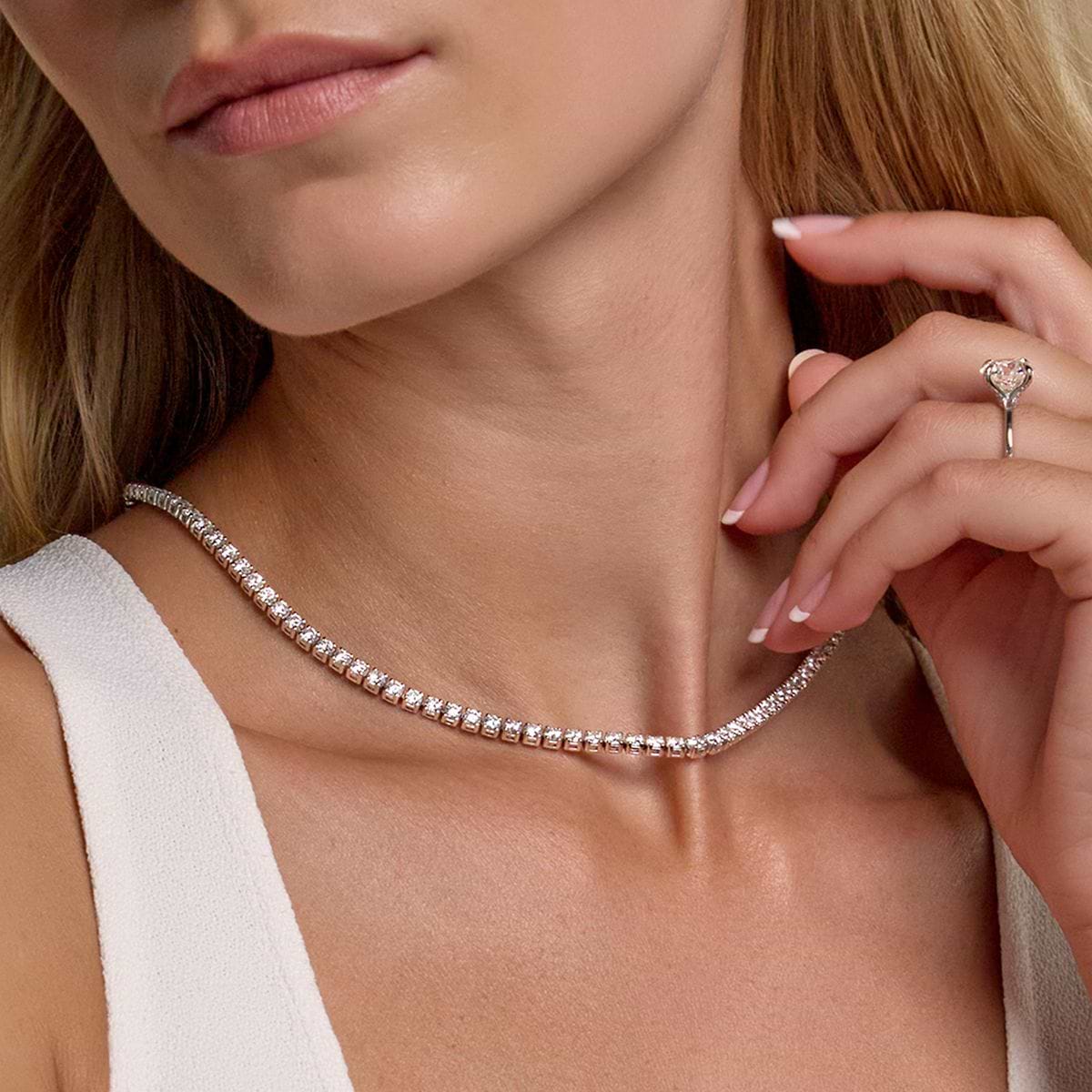 11 ctw Round Lab Grown Diamond Four Prong Tennis Fashion Necklace - 16 Inches 14K White Gold, FG, VS2+