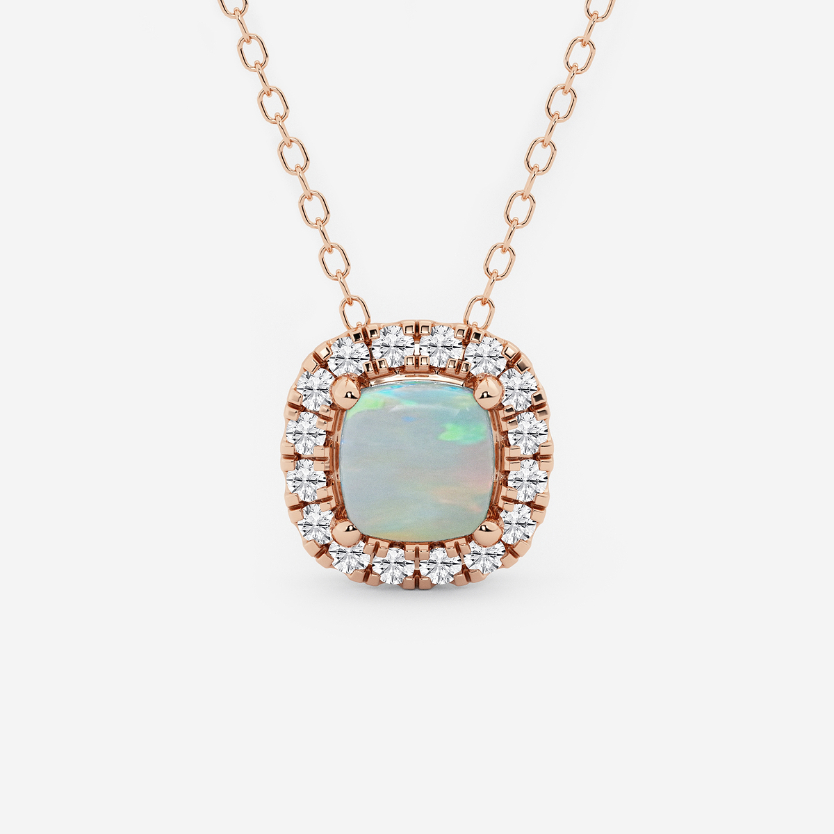 5.7x5.5 mm Cushion Cut Created Opal and 1/5 ctw Round Lab Grown Diamond Halo Pendant with Adjustable Chain 14K Rose Gold