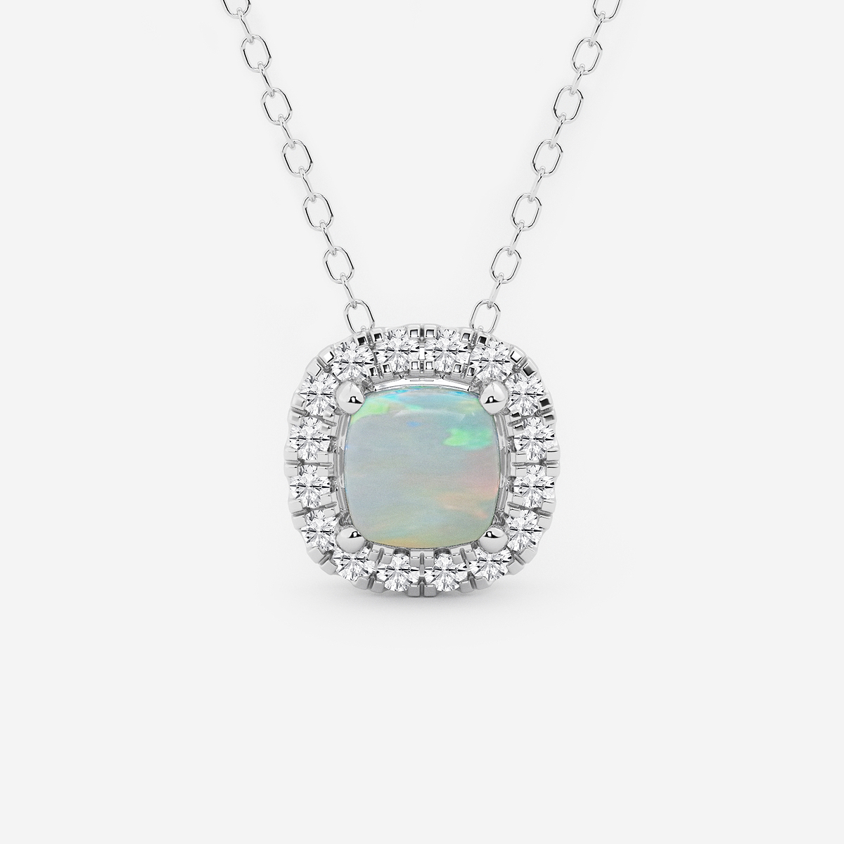 5.7x5.5 mm Cushion Cut Created Opal and 1/5 ctw Round Lab Grown Diamond Halo Pendant with Adjustable Chain