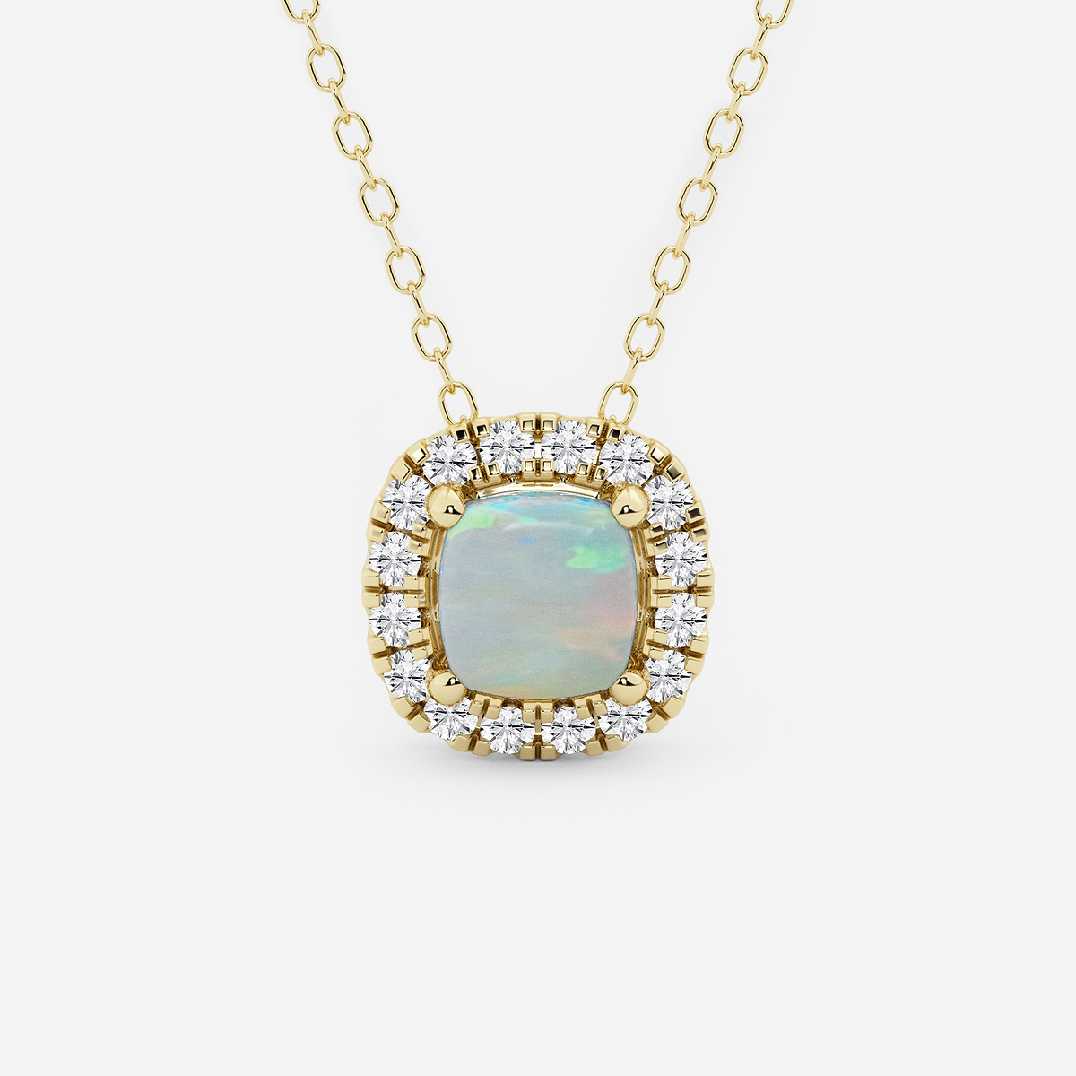 5.7x5.5 mm Cushion Cut Created Opal and 1/5 ctw Round Lab Grown Diamond Halo Pendant with Adjustable Chain