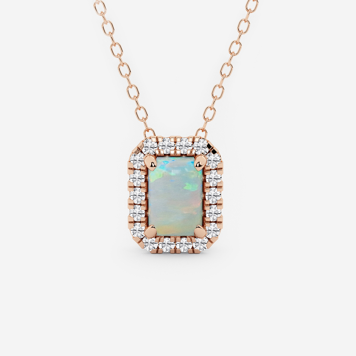 6.7x4.69 mm Emerald Cut Created Opal and 1/5 ctw Round Lab Grown Diamond Halo Pendant with Adjustable Chain