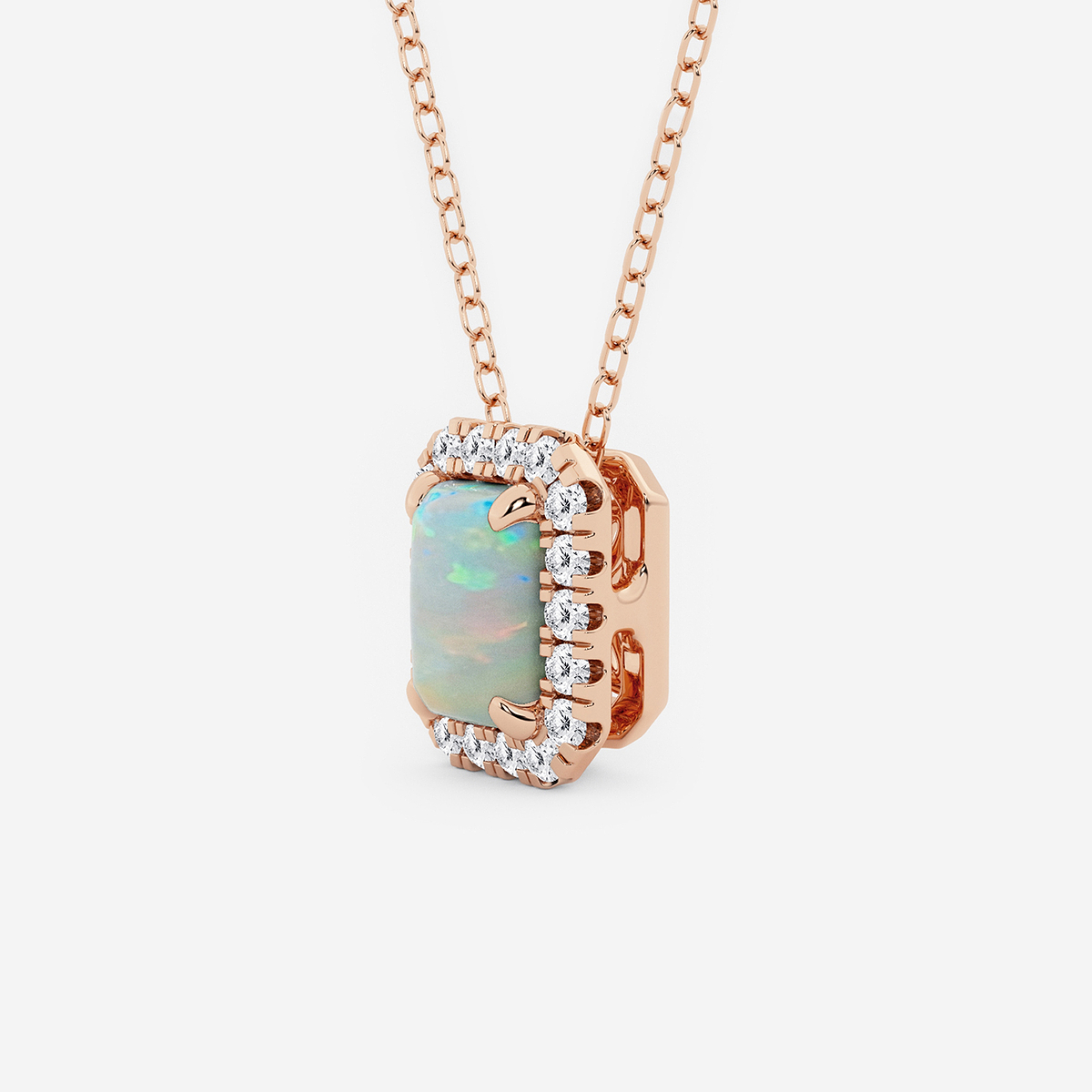 Additional Image 1 for  6.7x4.69 mm Emerald Cut Created Opal and 1/5 ctw Round Lab Grown Diamond Halo Pendant with Adjustable Chain