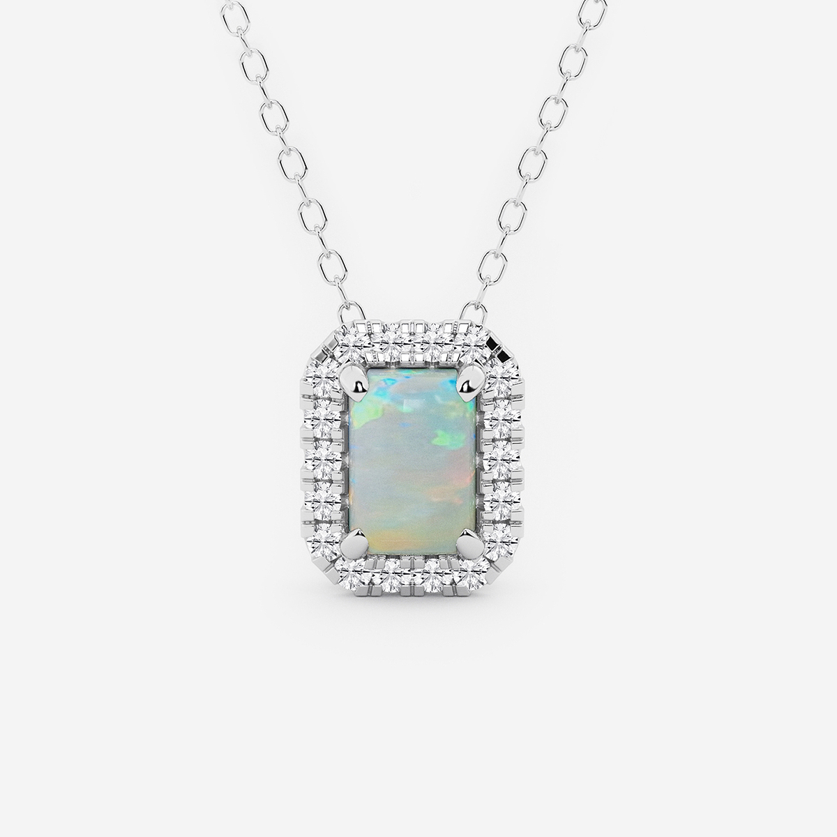 6.7x4.69 mm Emerald Cut Created Opal and 1/5 ctw Round Lab Grown Diamond Halo Pendant with Adjustable Chain