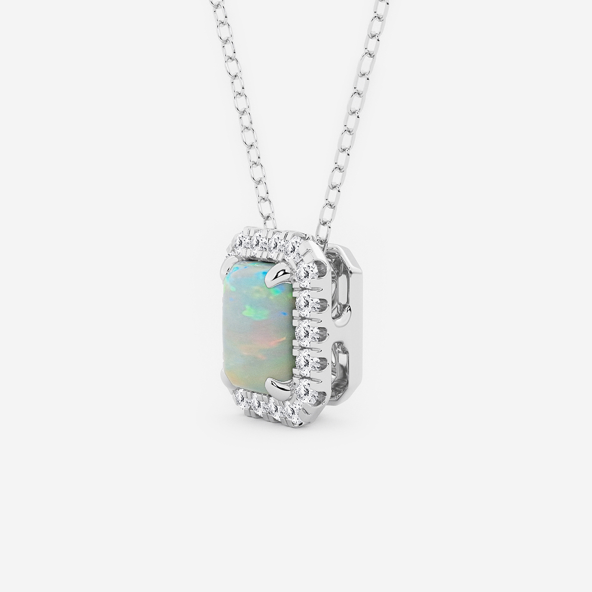 Additional Image 1 for  6.7x4.69 mm Emerald Cut Created Opal and 1/5 ctw Round Lab Grown Diamond Halo Pendant with Adjustable Chain