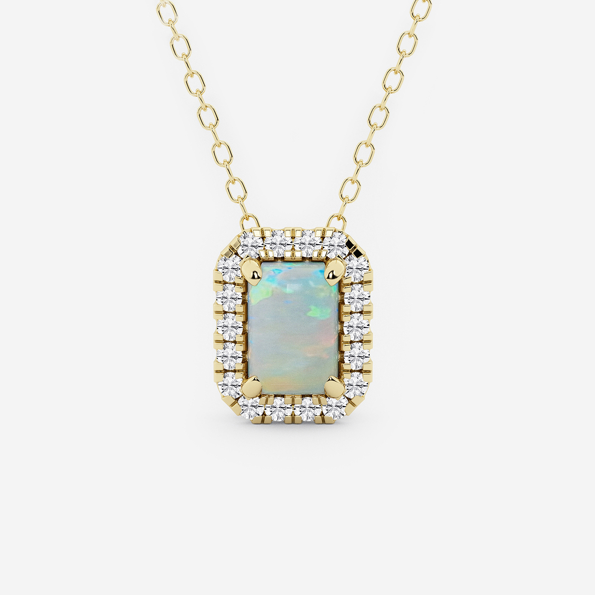 6.7x4.69 mm Emerald Cut Created Opal and 1/5 ctw Round Lab Grown Diamond Halo Pendant with Adjustable Chain