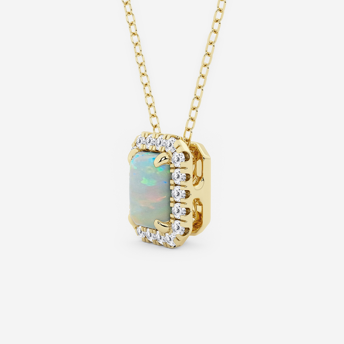 Additional Image 1 for  6.7x4.69 mm Emerald Cut Created Opal and 1/5 ctw Round Lab Grown Diamond Halo Pendant with Adjustable Chain