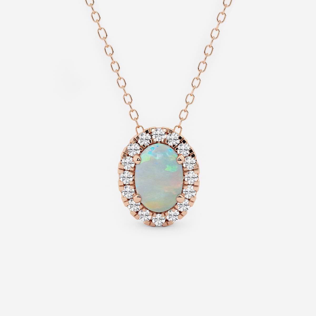 7.9x5.53 mm Oval Created Opal and 1/5 ctw Round Lab Grown Diamond Halo Pendant with Adjustable Chain 14K Rose Gold