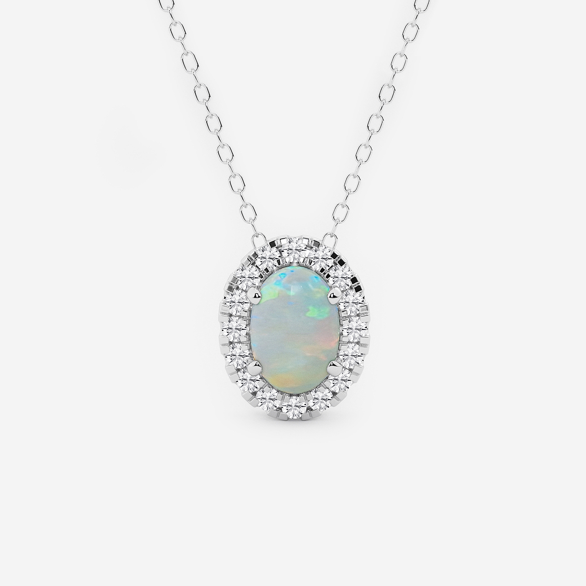 7.9x5.53 mm Oval Created Opal and 1/5 ctw Round Lab Grown Diamond Halo Pendant with Adjustable Chain