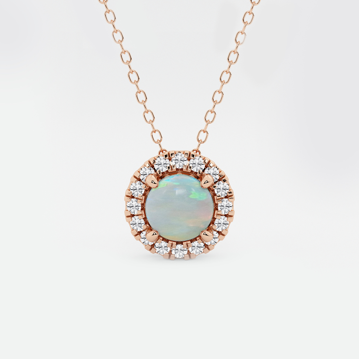 6.5 mm Round Created Opal and 1/5 ctw Round Lab Grown Diamond Halo Pendant with Adjustable Chain