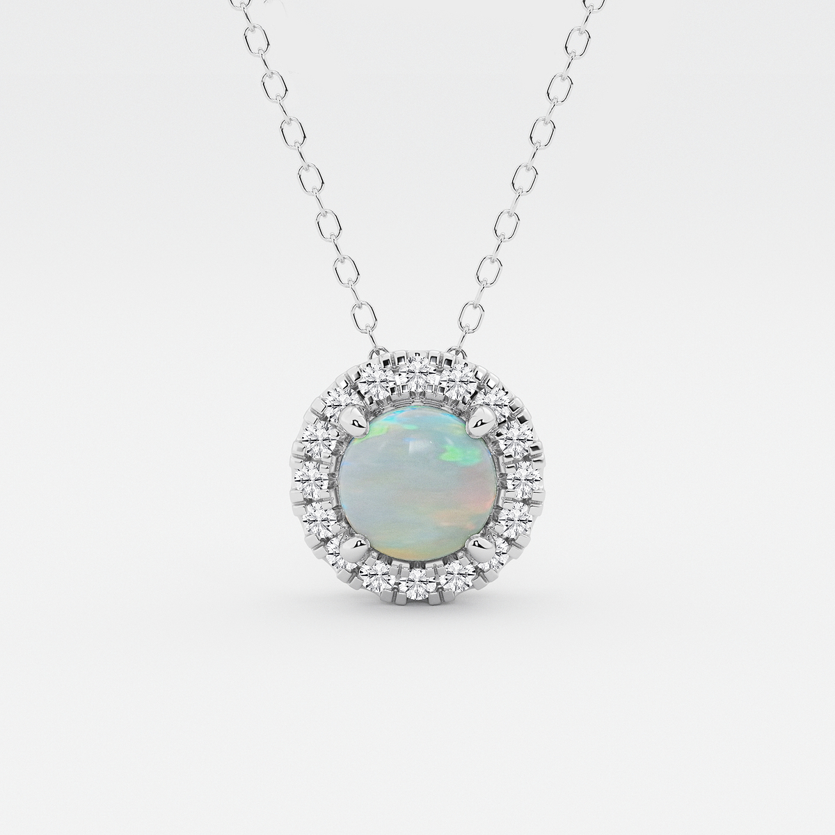6.5 mm Round Created Opal and 1/5 ctw Round Lab Grown Diamond Halo Pendant with Adjustable Chain