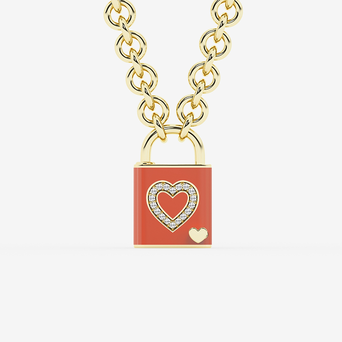 1/4 ctw Round Lab Grown Diamond Heart Lock Pendant with Salmon Ceramic