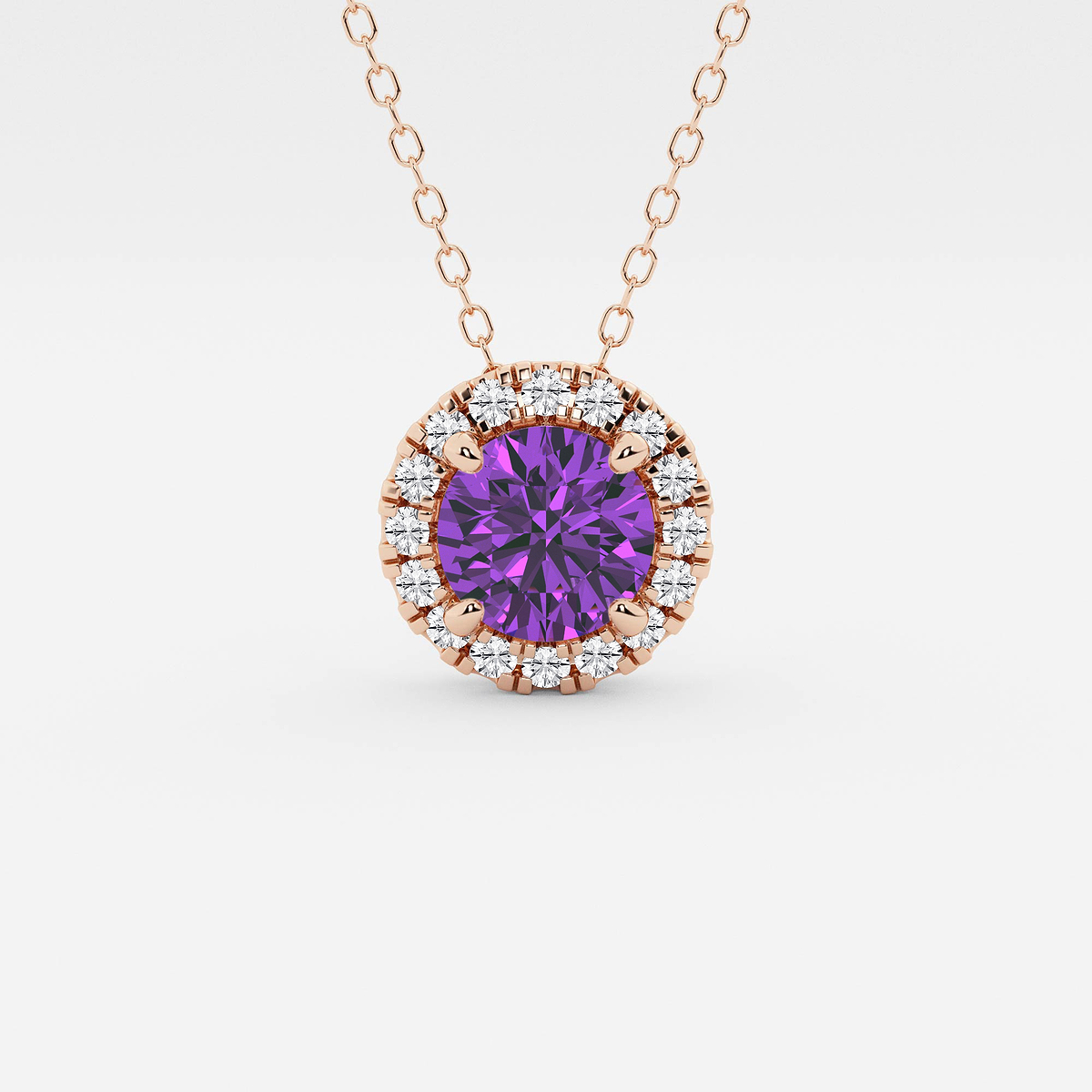 6.5 mm Round Created Amethyst and 1/5 ctw Round Lab Grown Diamond Halo Pendant with Adjustable Chain