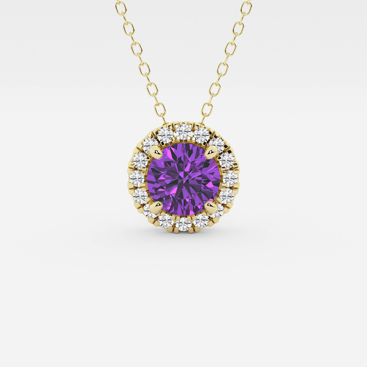 6.5 mm Round Created Amethyst and 1/5 ctw Round Lab Grown Diamond Halo Pendant with Adjustable Chain
