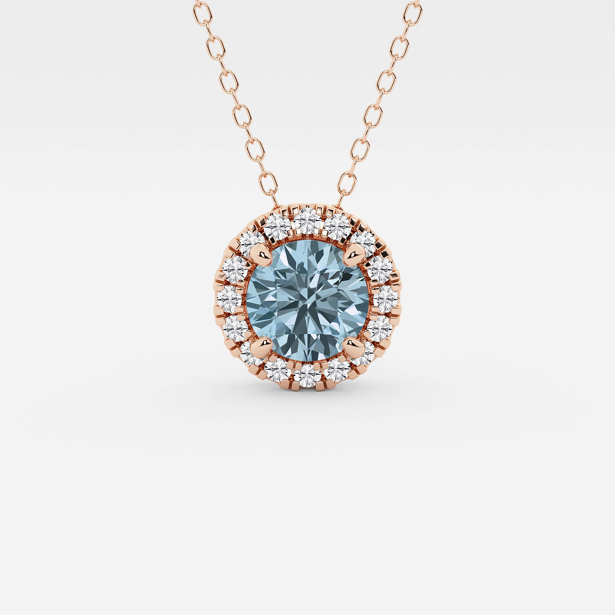 6.5 mm Round Created Aquamarine and 1/5 ctw Round Lab Grown Diamond Halo Pendant with Adjustable Chain