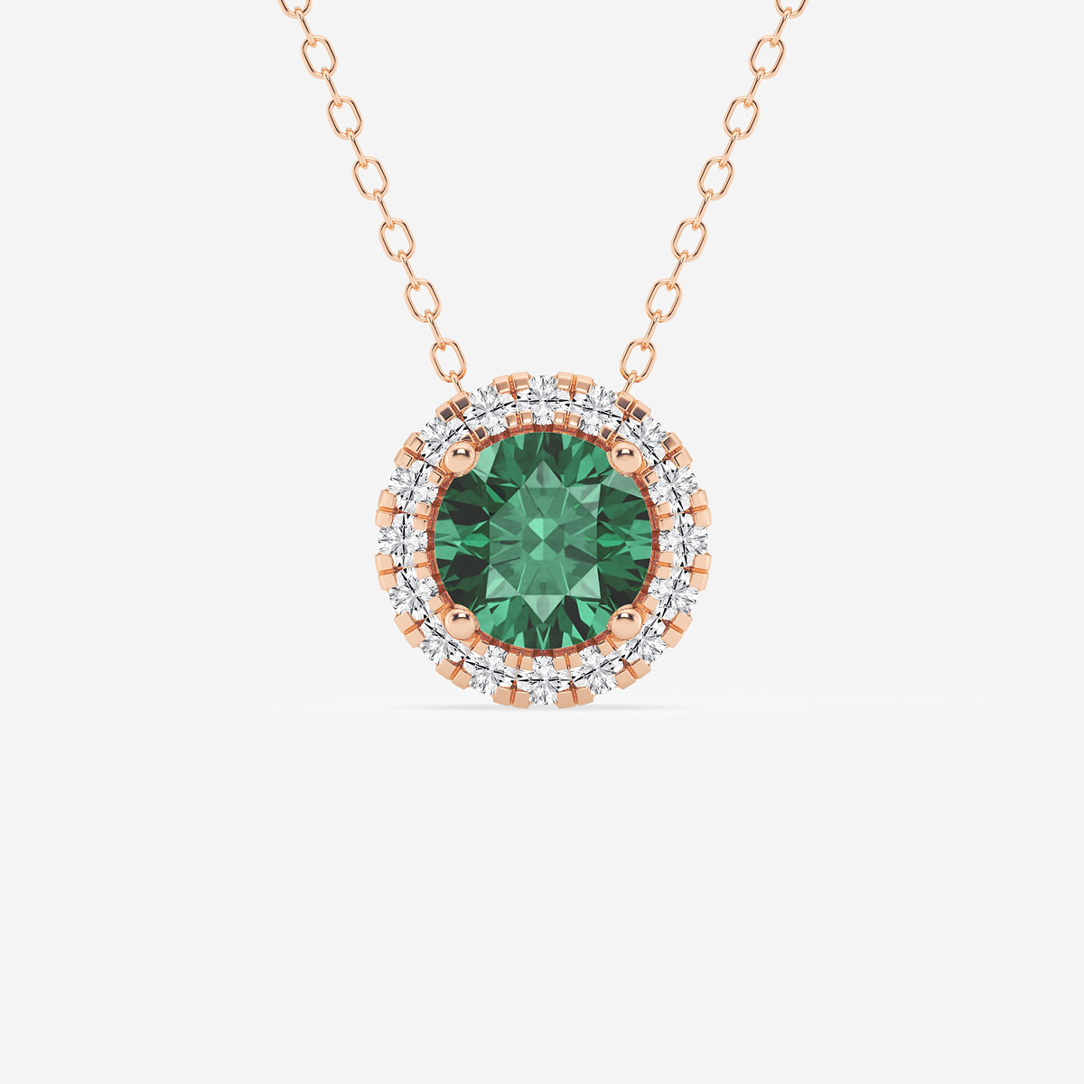 6.5 mm Round Created Emerald and 1/5 ctw Round Lab Grown Diamond Halo Pendant with Adjustable Chain