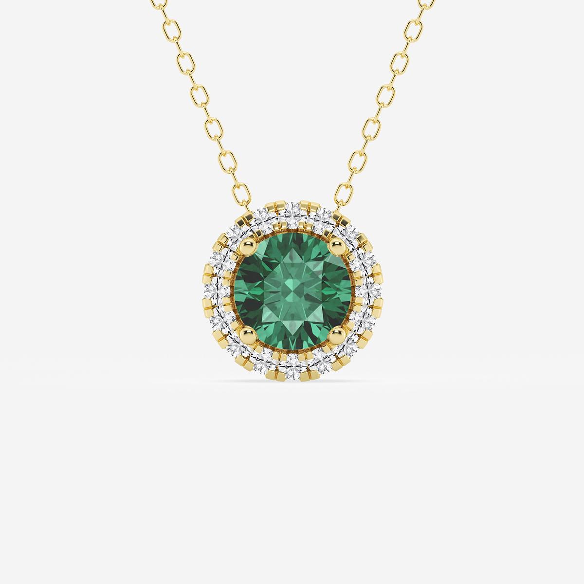 6.5 mm Round Created Emerald and 1/5 ctw Round Lab Grown Diamond Halo Pendant with Adjustable Chain