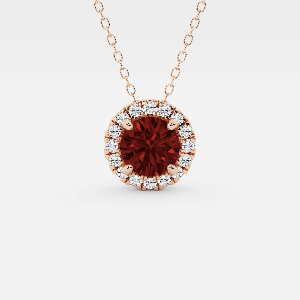 6.5 mm Round Created Garnite and 1/5 ctw Round Lab Grown Diamond Halo Pendant with Adjustable Chain