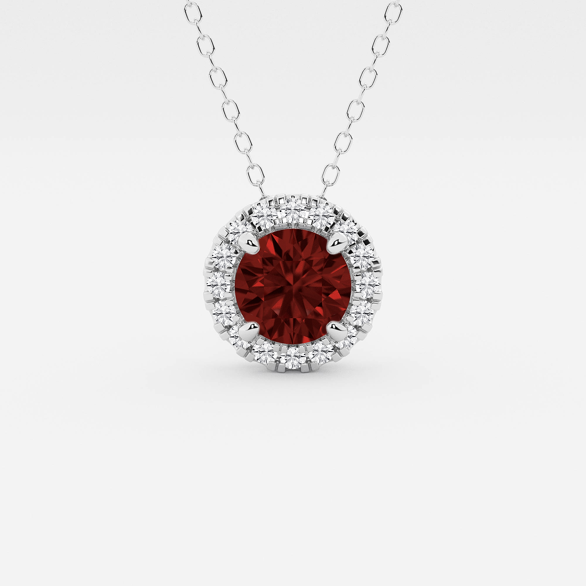 6.5 mm Round Created Garnite and 1/5 ctw Round Lab Grown Diamond Halo Pendant with Adjustable Chain