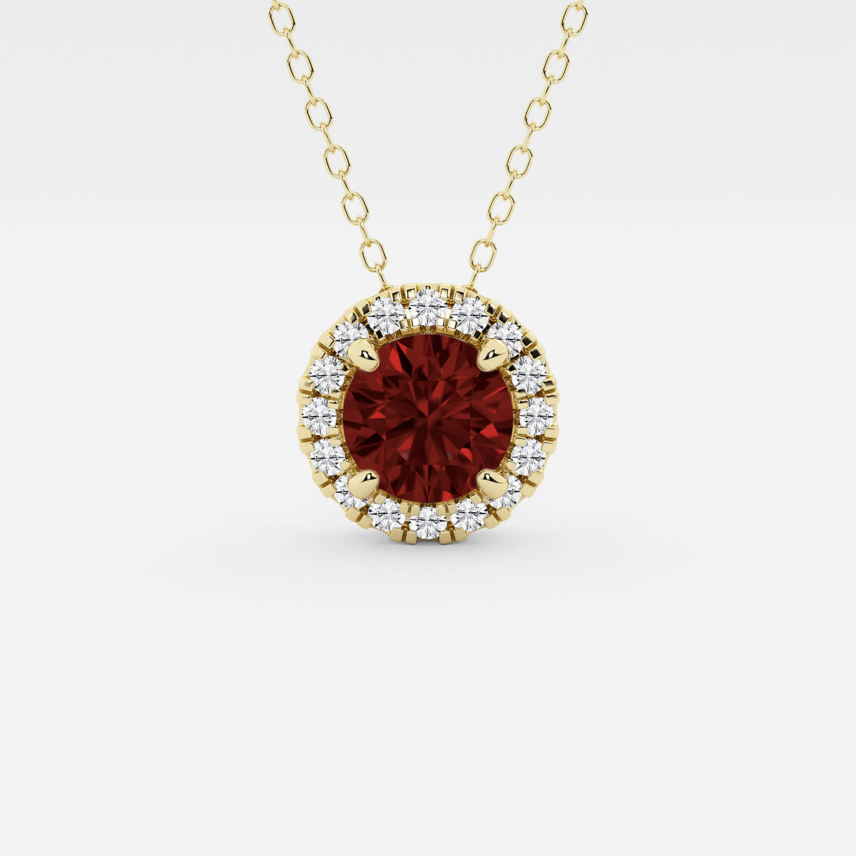 6.5 mm Round Created Garnite and 1/5 ctw Round Lab Grown Diamond Halo Pendant with Adjustable Chain