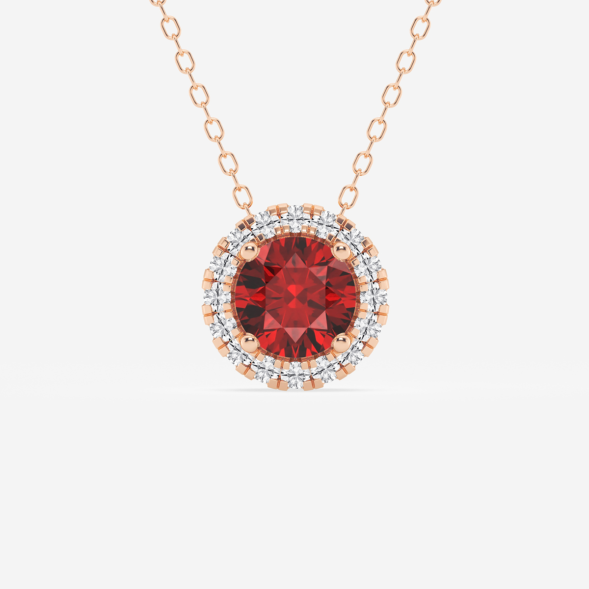 6.5 mm Round Created Ruby and 1/5 ctw Round Lab Grown Diamond Halo Pendant with Adjustable Chain