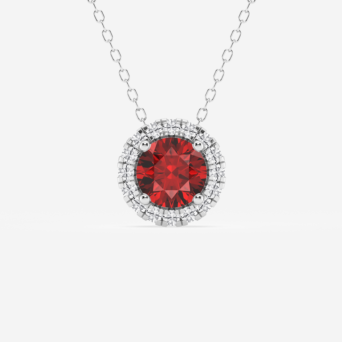 6.5 mm Round Created Ruby and 1/5 ctw Round Lab Grown Diamond Halo Pendant with Adjustable Chain