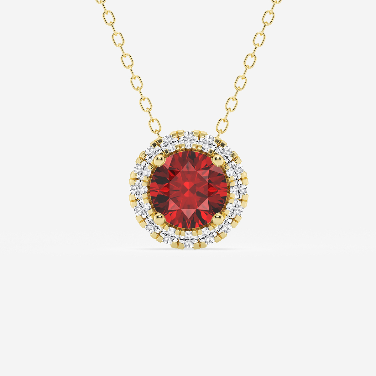 6.5 mm Round Created Ruby and 1/5 ctw Round Lab Grown Diamond Halo Pendant with Adjustable Chain