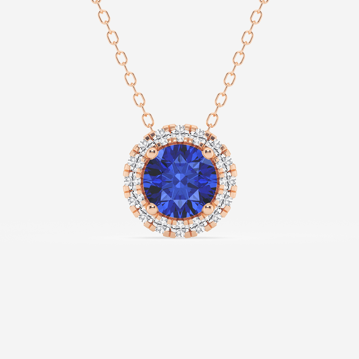 6.5 mm Round Created Sapphire and 1/5 ctw Round Lab Grown Diamond Halo Pendant with Adjustable Chain