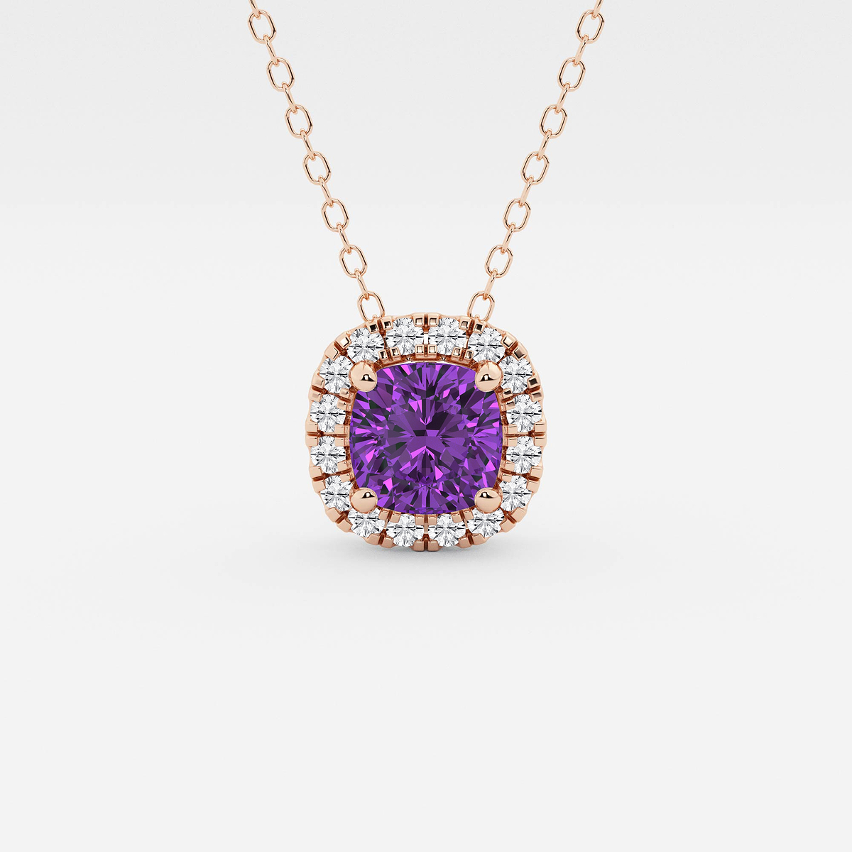 5.7x5.5 mm Cushion Cut Created Amethyst and 1/5 ctw Round Lab Grown Diamond Halo Pendant with Adjustable Chain