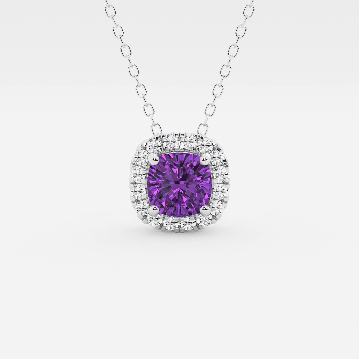 5.7x5.5 mm Cushion Cut Created Amethyst and 1/5 ctw Round Lab Grown Diamond Halo Pendant with Adjustable Chain