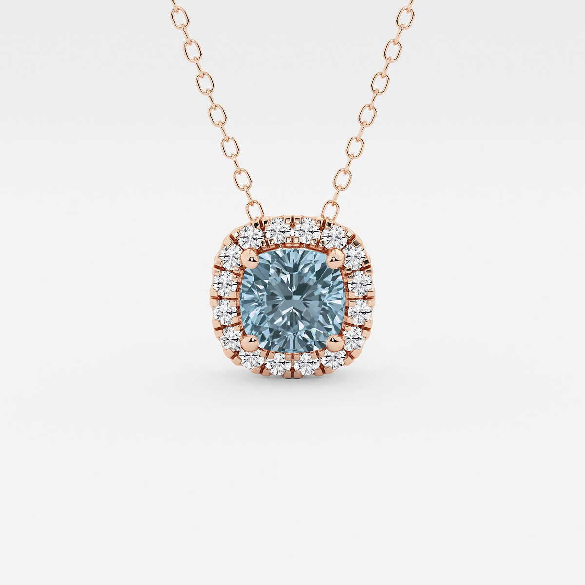 5.7x5.5 mm Cushion Cut Created Aquamarine and 1/5 ctw Round Lab Grown Diamond Halo Pendant with Adjustable Chain