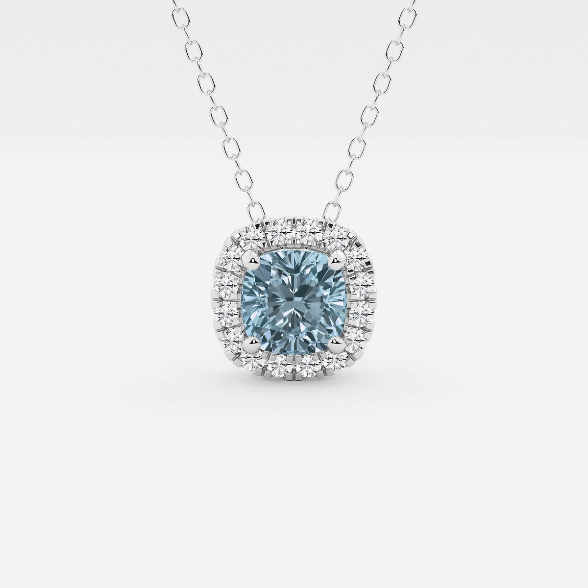 5.7x5.5 mm Cushion Cut Created Aquamarine and 1/5 ctw Round Lab Grown Diamond Halo Pendant with Adjustable Chain