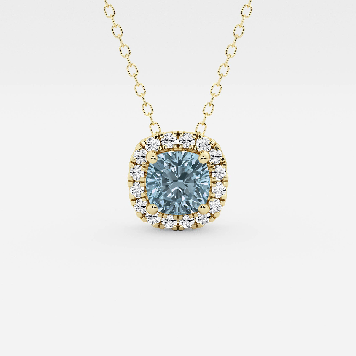 5.7x5.5 mm Cushion Cut Created Aquamarine and 1/5 ctw Round Lab Grown Diamond Halo Pendant with Adjustable Chain