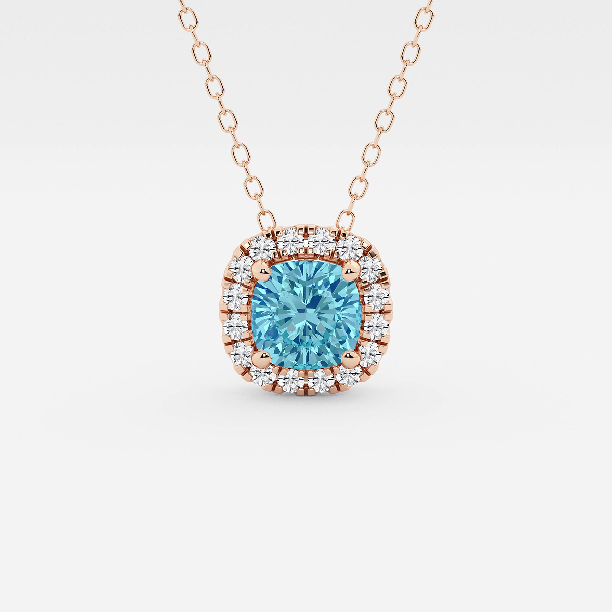 5.7x5.5 mm Cushion Cut Created Blue Topaz and 1/5 ctw Round Lab Grown Diamond Halo Pendant with Adjustable Chain