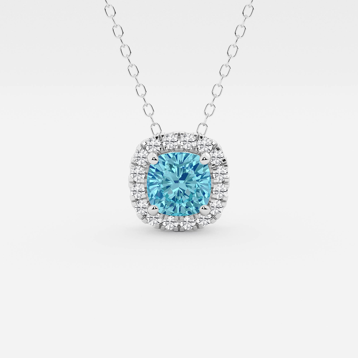 5.7x5.5 mm Cushion Cut Created Blue Topaz and 1/5 ctw Round Lab Grown Diamond Halo Pendant with Adjustable Chain