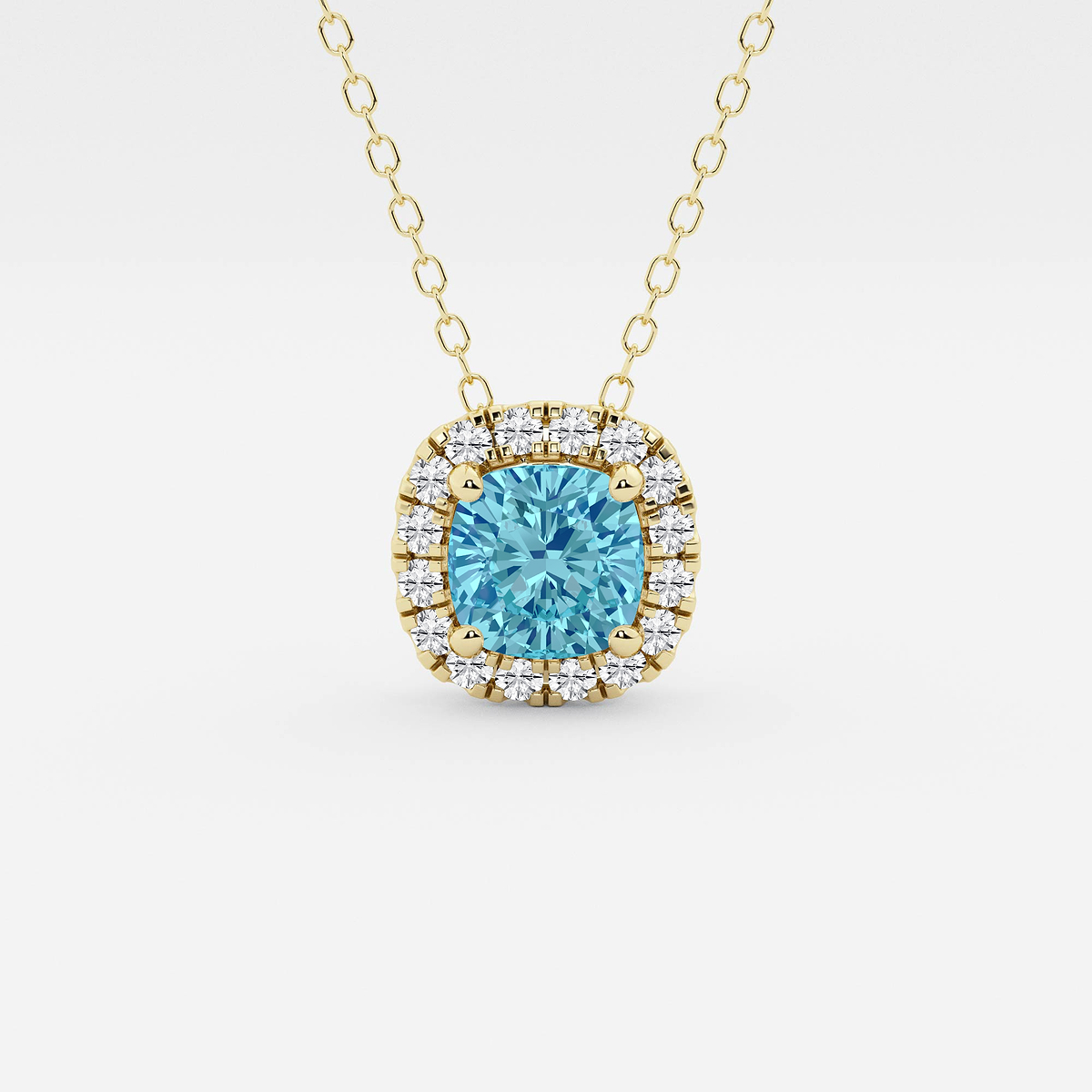 5.7x5.5 mm Cushion Cut Created Blue Topaz and 1/5 ctw Round Lab Grown Diamond Halo Pendant with Adjustable Chain