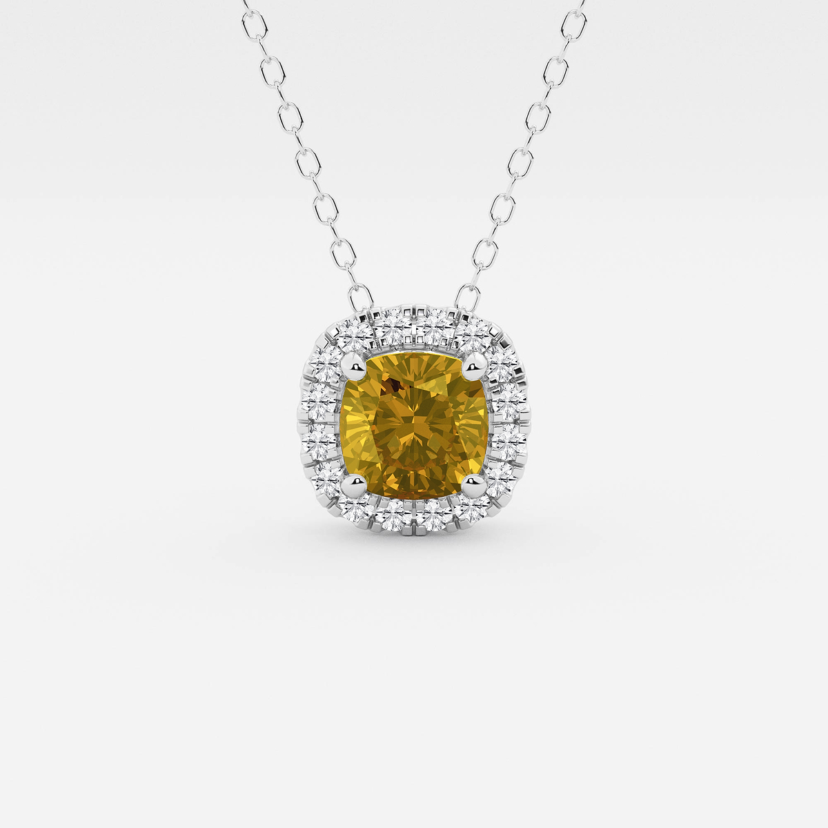 5.7x5.5 mm Cushion Cut Created Citrine and 1/5 ctw Round Lab Grown Diamond Halo Pendant with Adjustable Chain