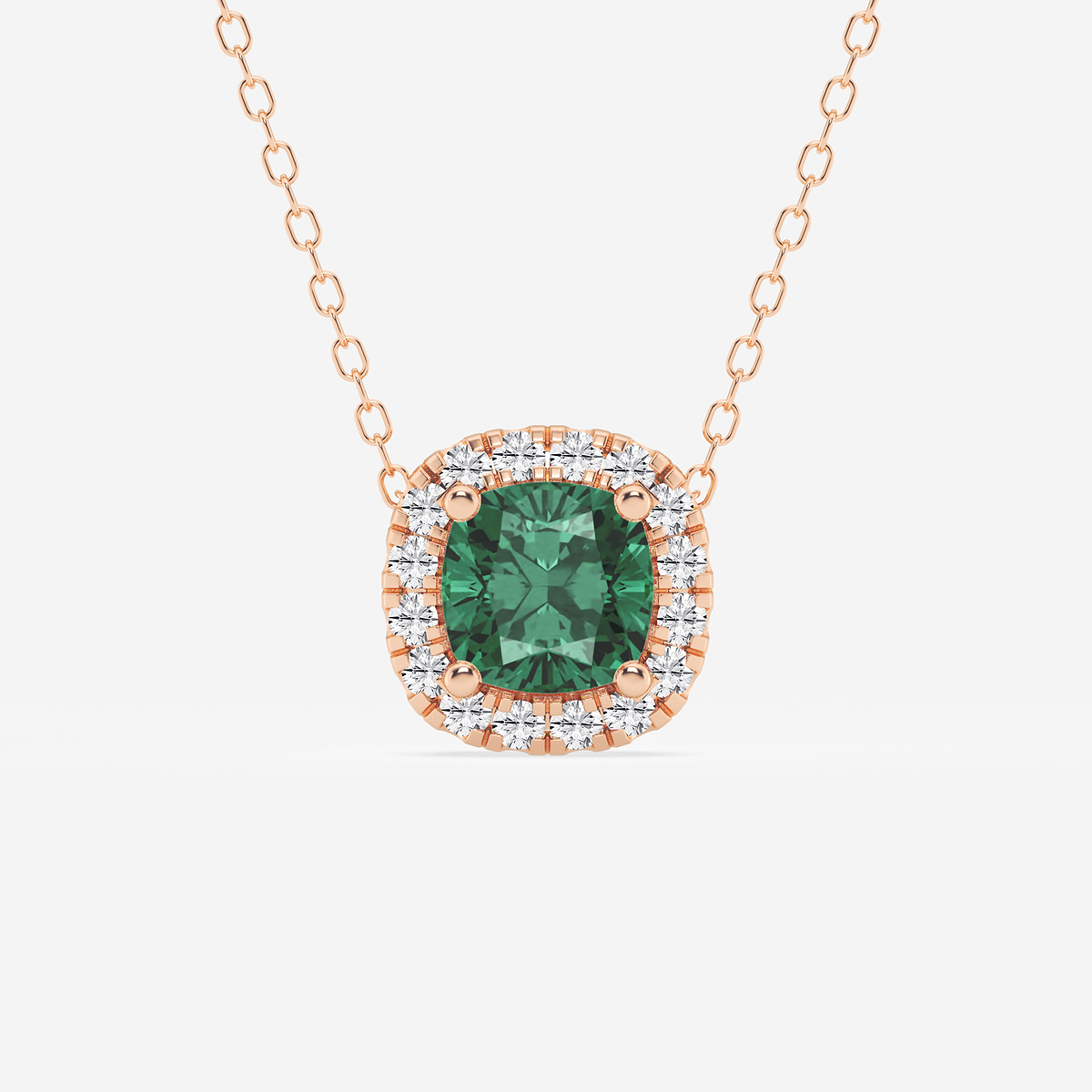 5.7x5.5 mm Cushion Cut Created Emerald and 1/5 ctw Round Lab Grown Diamond Halo Pendant with Adjustable Chain