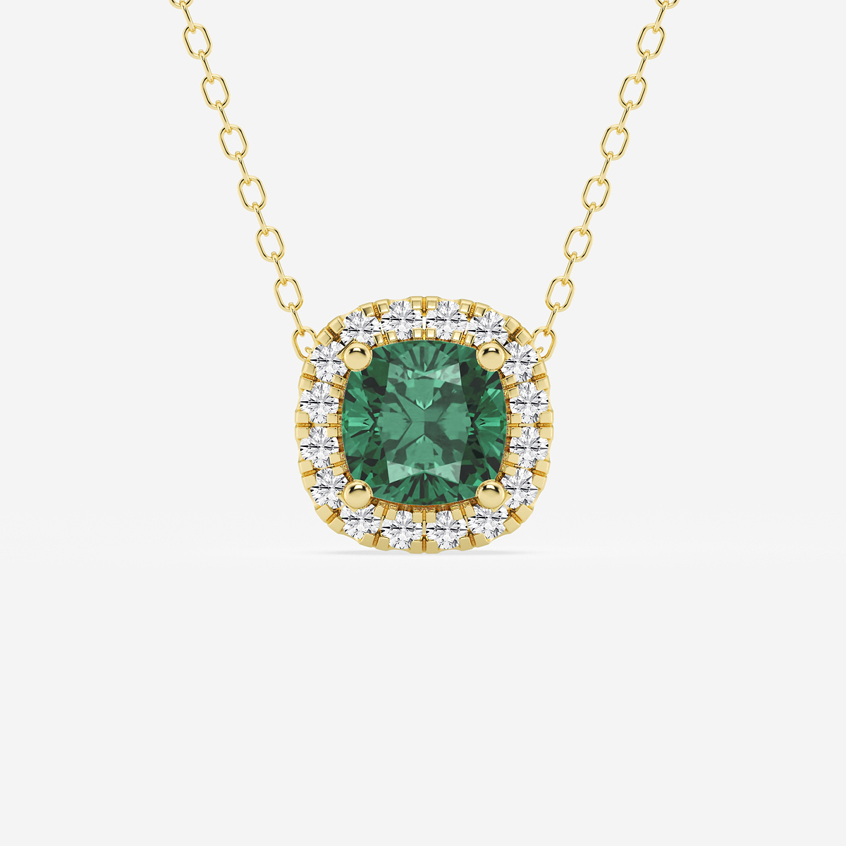 5.7x5.5 mm Cushion Cut Created Emerald and 1/5 ctw Round Lab Grown Diamond Halo Pendant with Adjustable Chain