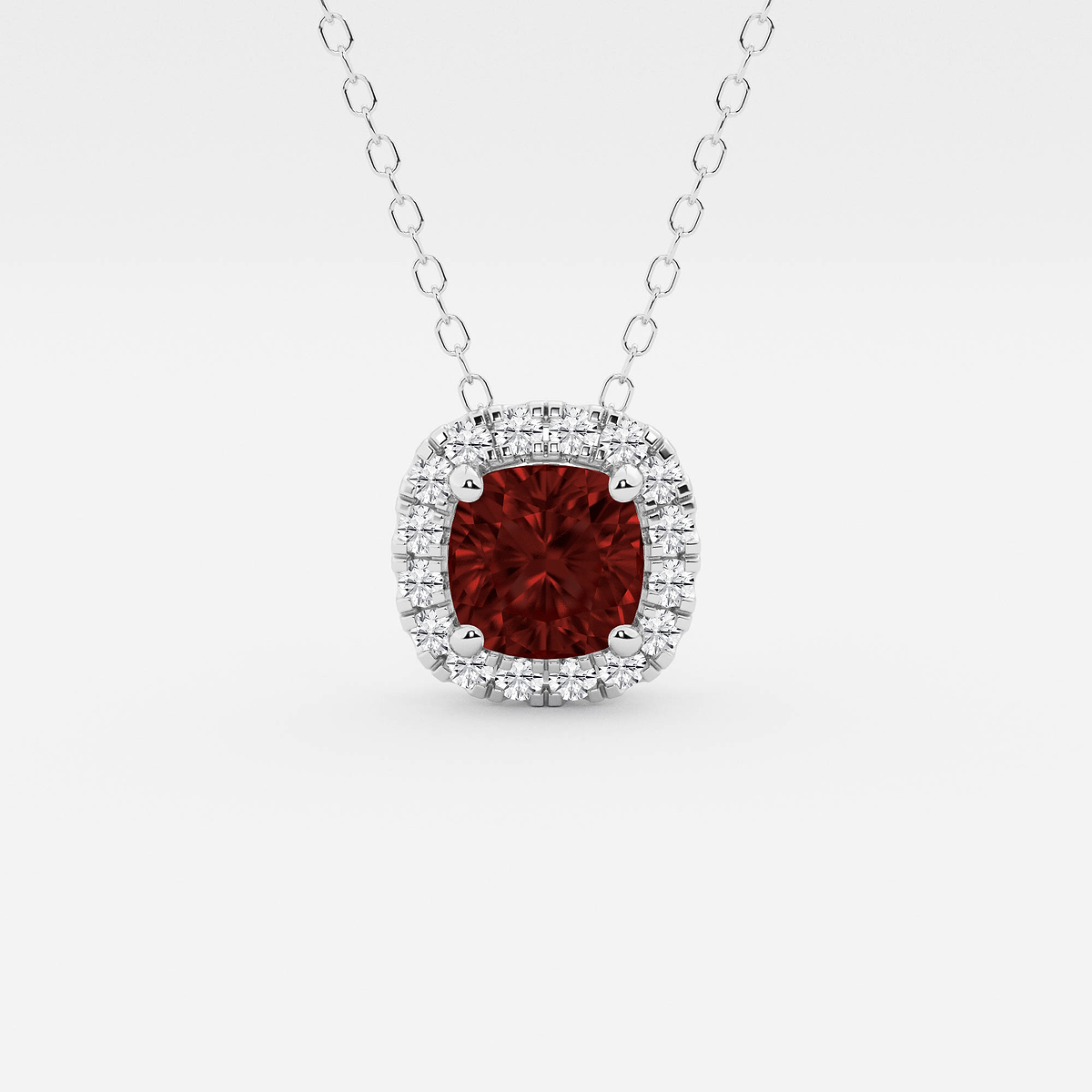 5.7x5.5 mm Cushion Cut Created Garnite and 1/5 ctw Round Lab Grown Diamond Halo Pendant with Adjustable Chain
