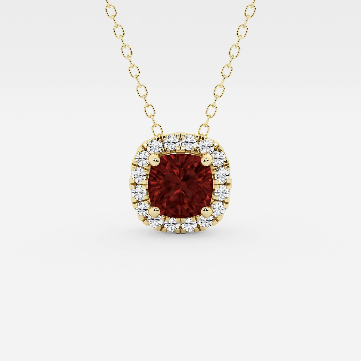 5.7x5.5 mm Cushion Cut Created Garnite and 1/5 ctw Round Lab Grown Diamond Halo Pendant with Adjustable Chain