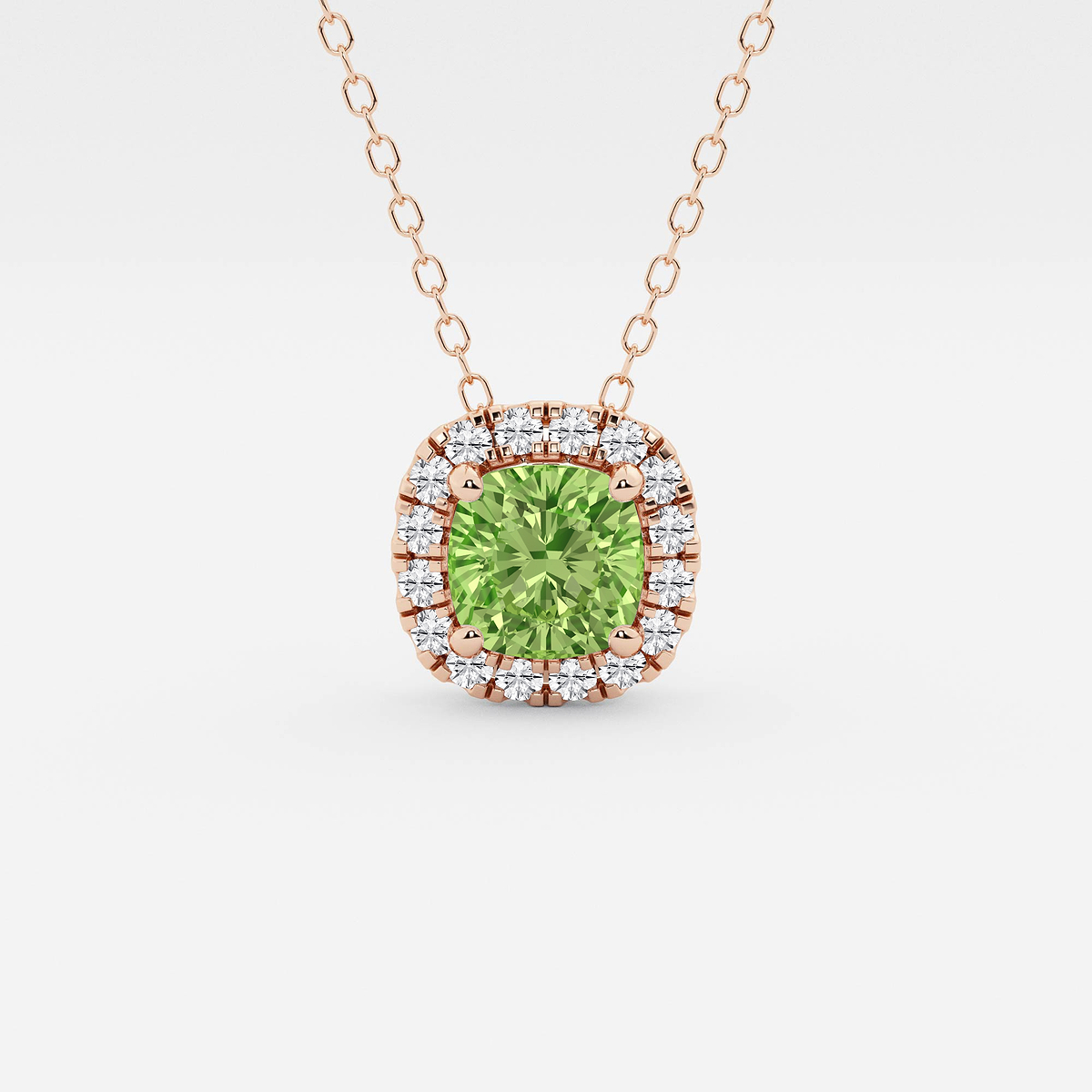 5.7x5.5 mm Cushion Cut Created Peridot and 1/5 ctw Round Lab Grown Diamond Halo Pendant with Adjustable Chain