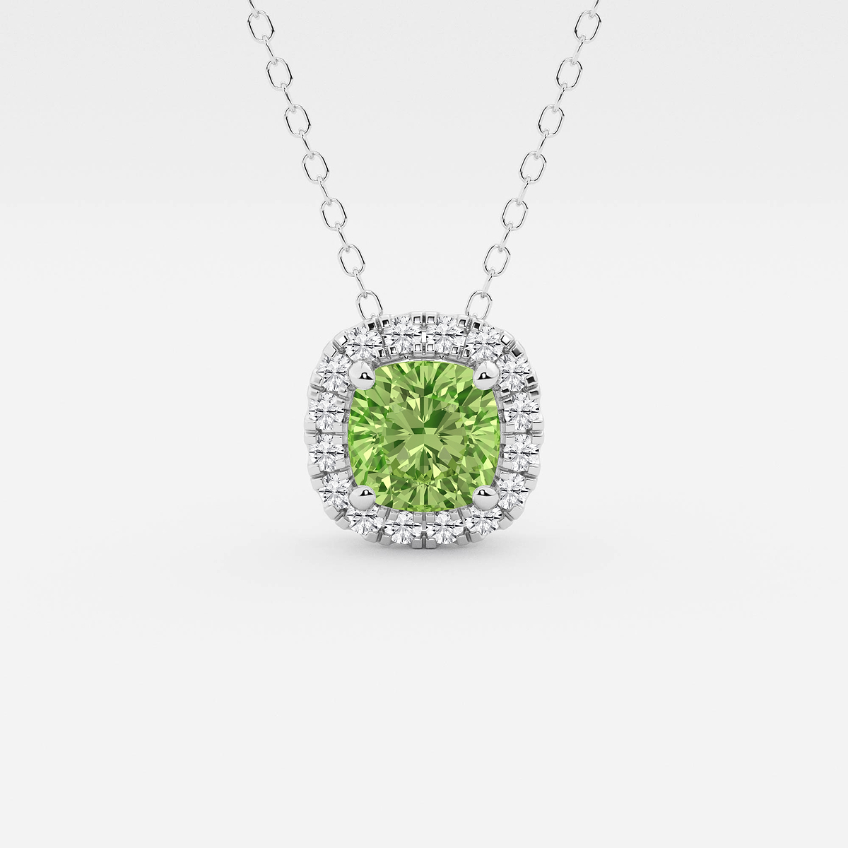 5.7x5.5 mm Cushion Cut Created Peridot and 1/5 ctw Round Lab Grown Diamond Halo Pendant with Adjustable Chain