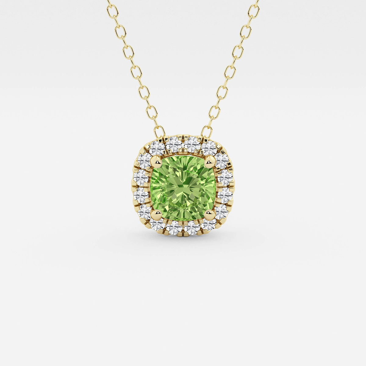 5.7x5.5 mm Cushion Cut Created Peridot and 1/5 ctw Round Lab Grown Diamond Halo Pendant with Adjustable Chain