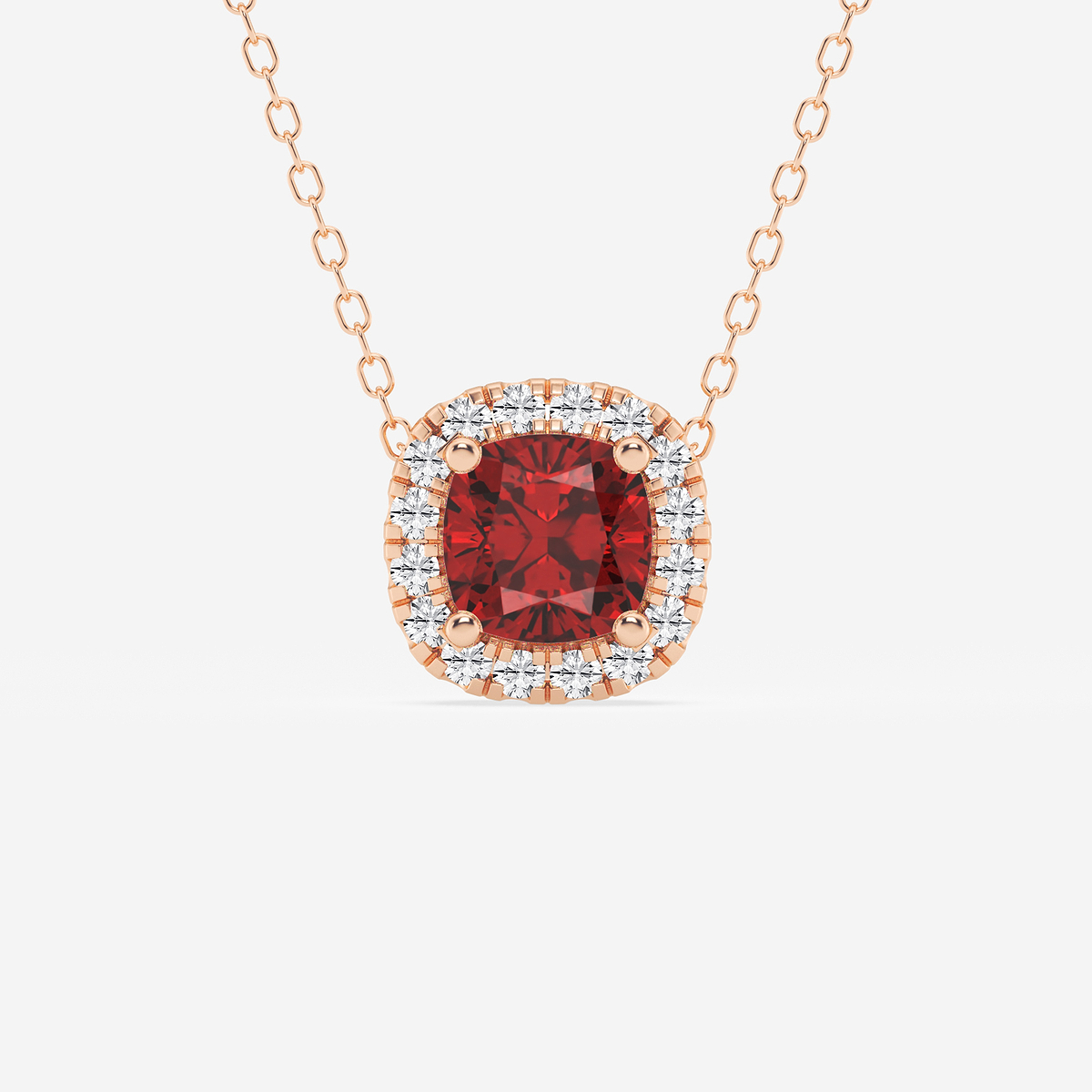 5.7x5.5 mm Cushion Cut Created Ruby and 1/5 ctw Round Lab Grown Diamond Halo Pendant with Adjustable Chain