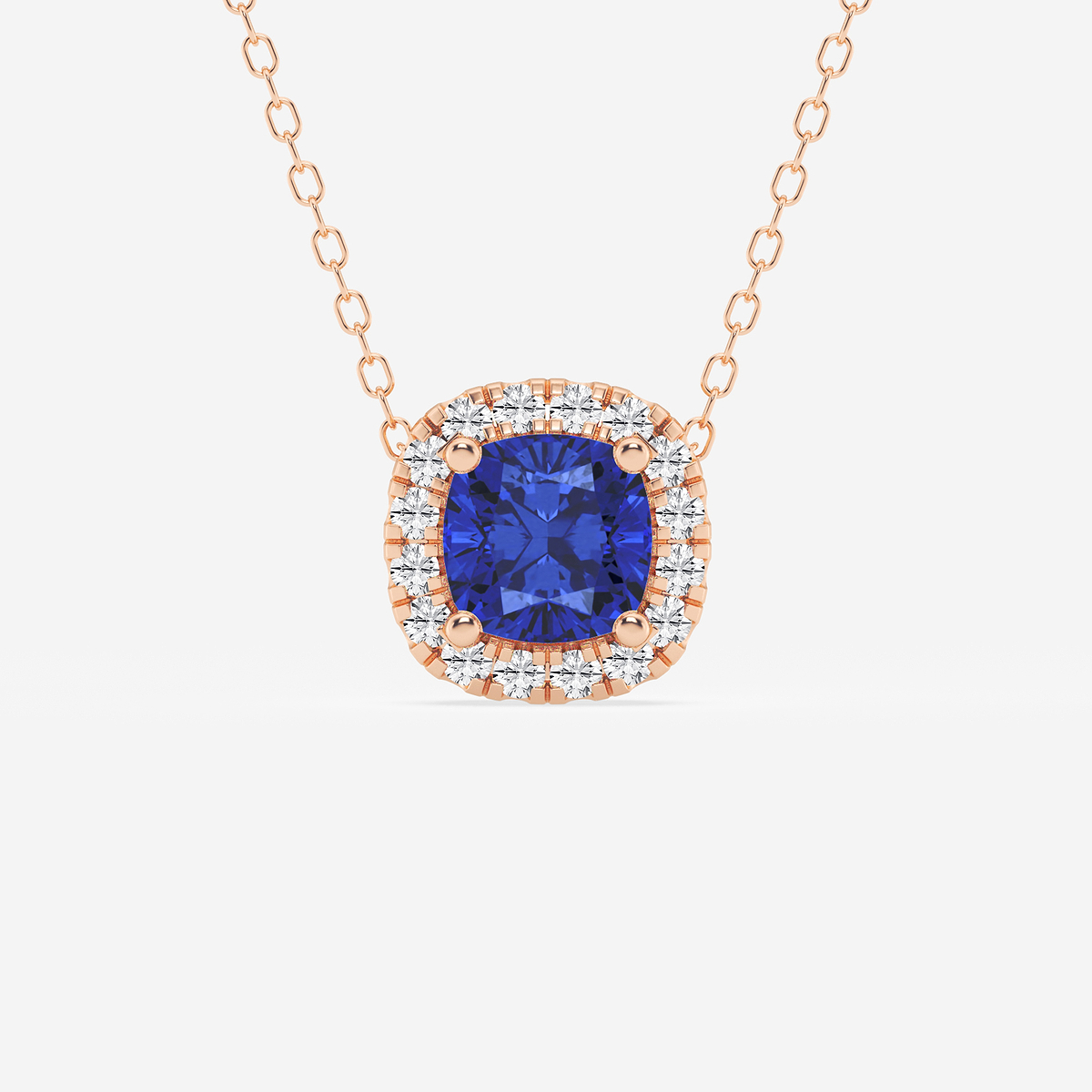 5.7x5.5 mm Cushion Cut Created Sapphire and 1/5 ctw Round Lab Grown Diamond Halo Pendant with Adjustable Chain