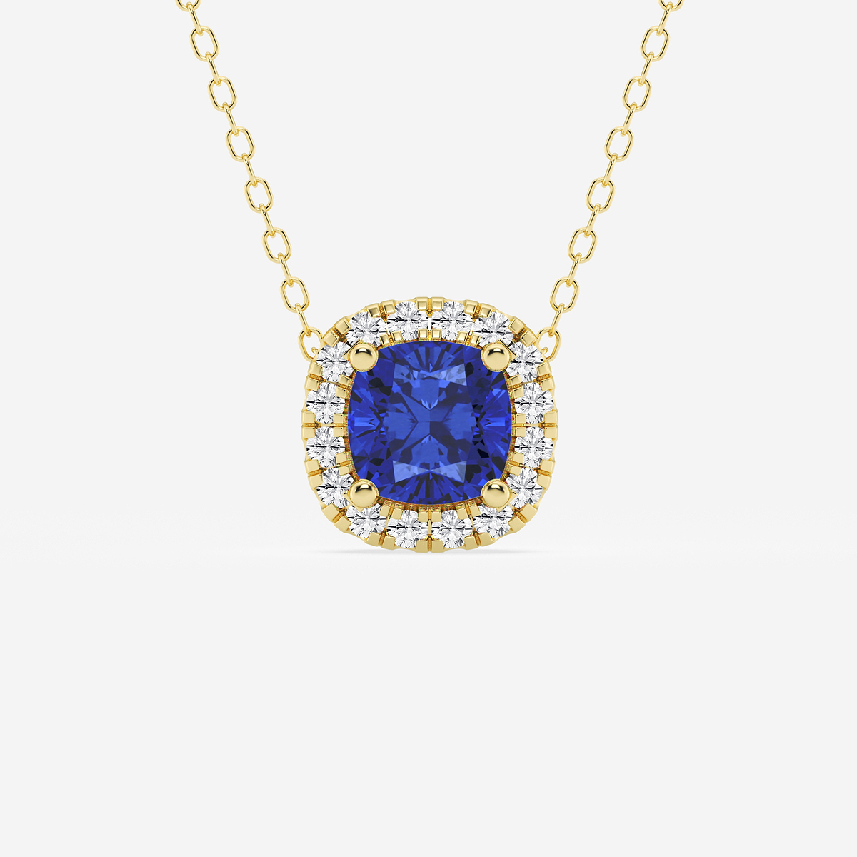 5.7x5.5 mm Cushion Cut Created Sapphire and 1/5 ctw Round Lab Grown Diamond Halo Pendant with Adjustable Chain