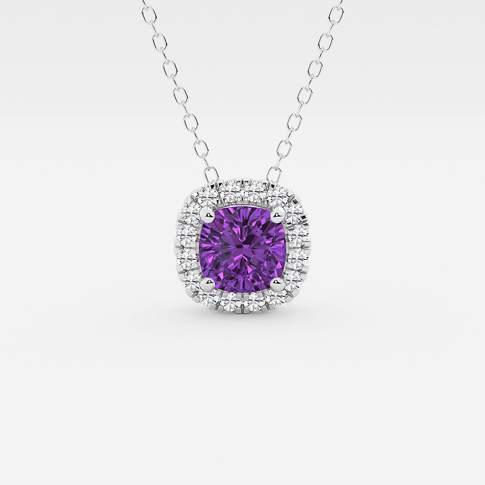 Amethyst Cushion Halo - 5.7x5.5 mm Cushion Cut Amethyst and 1/5 ctw Round Lab Grown Diamond Halo Pendant with Adjustable Chain