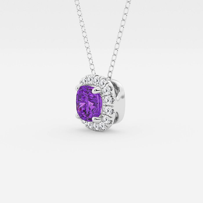 Amethyst Cushion Halo - 5.7x5.5 mm Cushion Cut Amethyst and 1/5 ctw Round Lab Grown Diamond Halo Pendant with Adjustable Chain