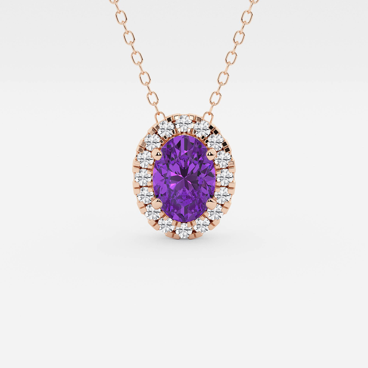 7.9x5.53 mm Oval Created Amethyst and 1/5 ctw Round Lab Grown Diamond Halo Pendant with Adjustable Chain