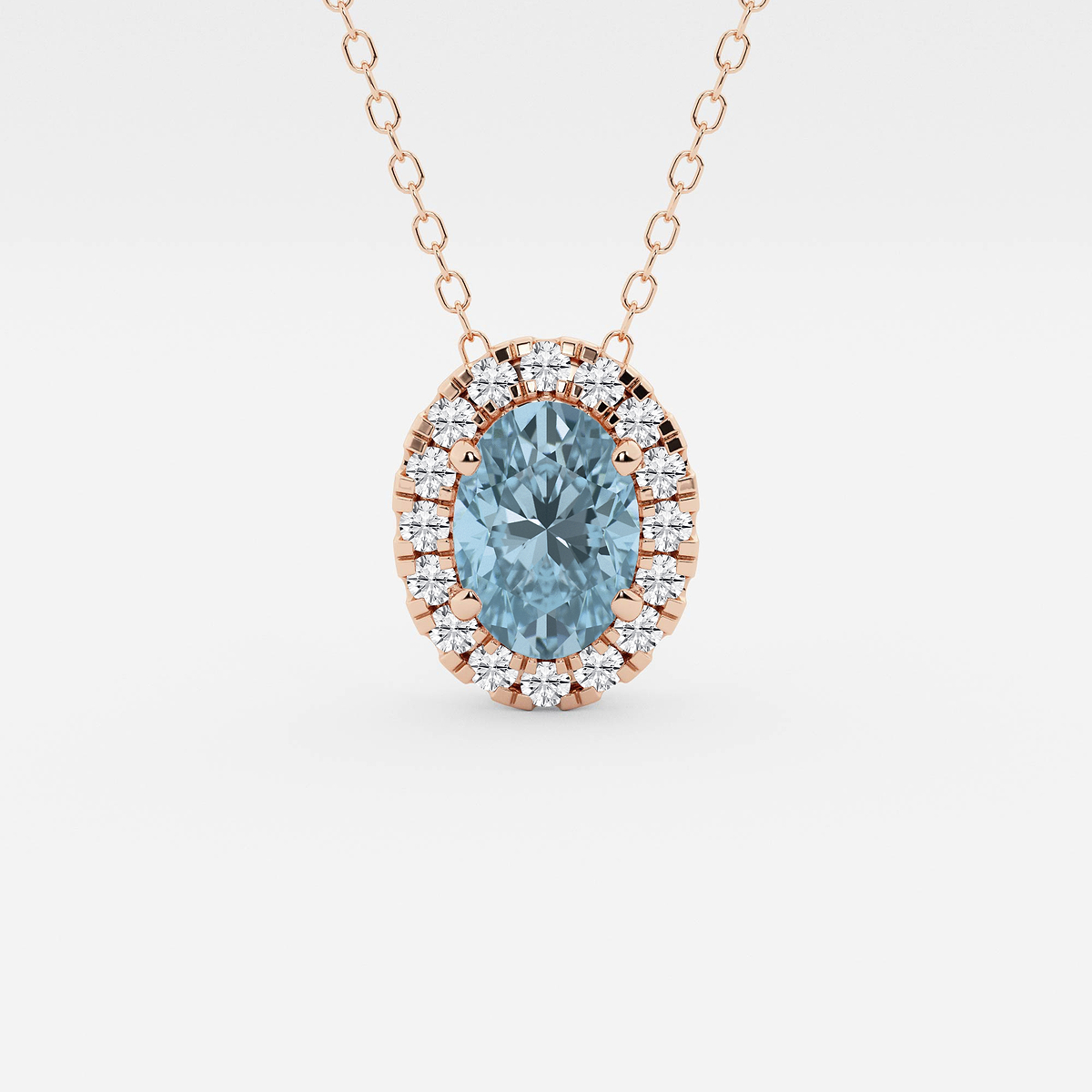 7.9x5.53 mm Oval Created Aquamarine and 1/5 ctw Round Lab Grown Diamond Halo Pendant with Adjustable Chain